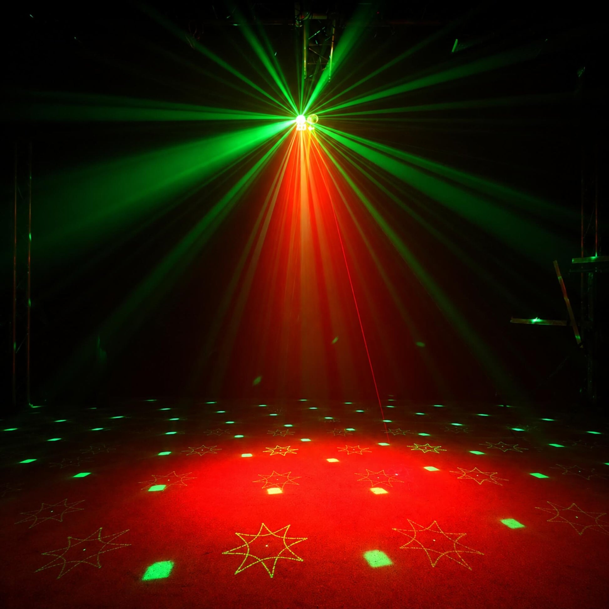 Red and green party laser light beams